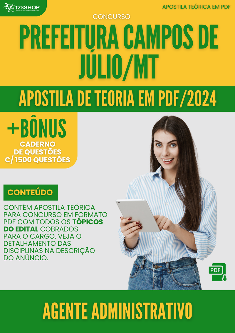 Apostila Teórica para Concurso Prefeitura Campos Júlio MT 2024 Agente Administrativo - Com Caderno de Questões | loja123shop