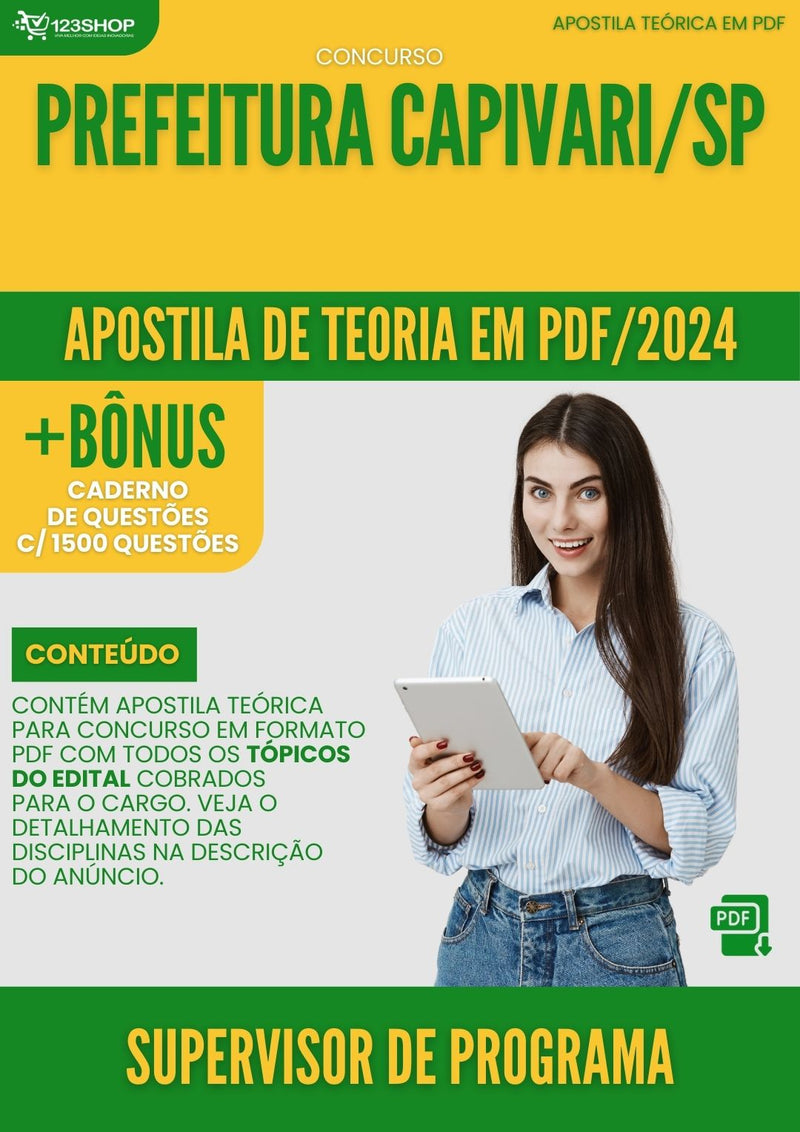 Apostila Teórica para Concurso Prefeitura Capivari SP 2024 Supervisor De Programa - Com Caderno de Questões