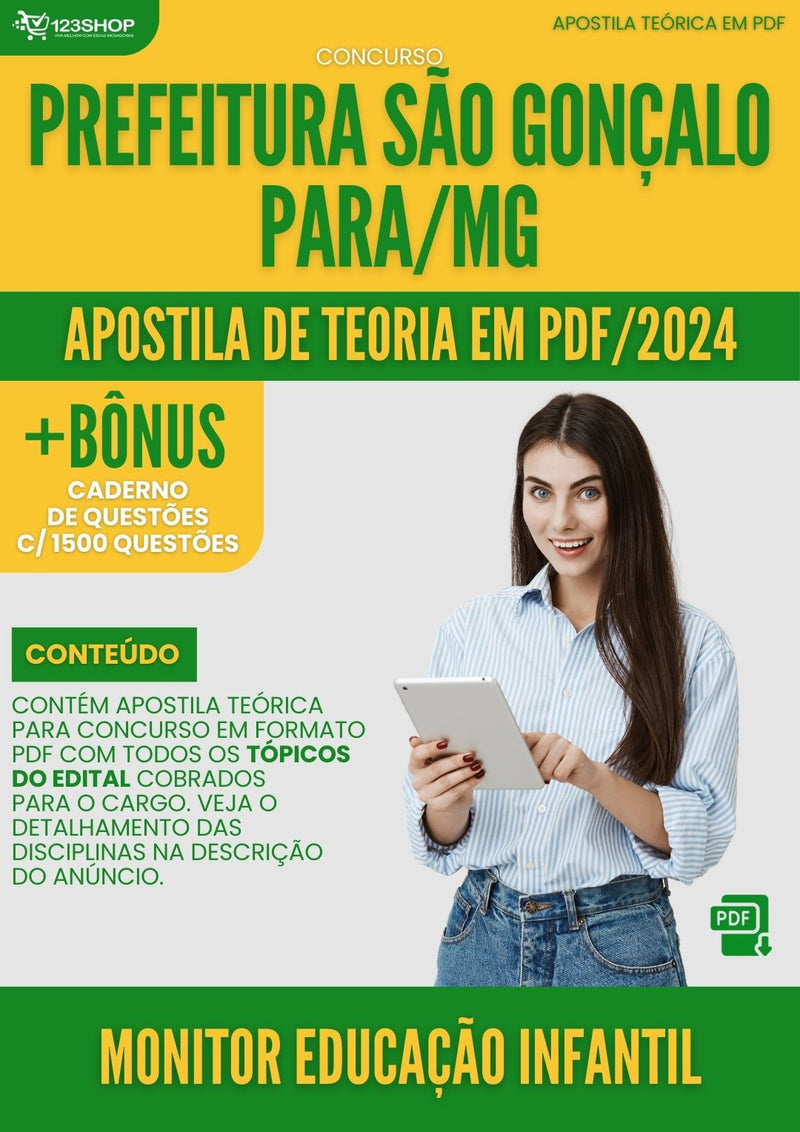 Apostila Teórica para Concurso Pref São Gonçalo Pará MG 2024 Monitor Educaç Infantil - Com Caderno de Questões