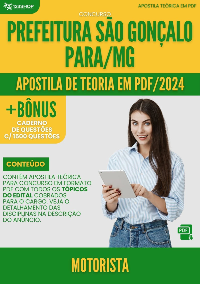 Apostila Teórica para Concurso Pref São Gonçalo Pará MG 2024 Motorista - Com Caderno de Questões