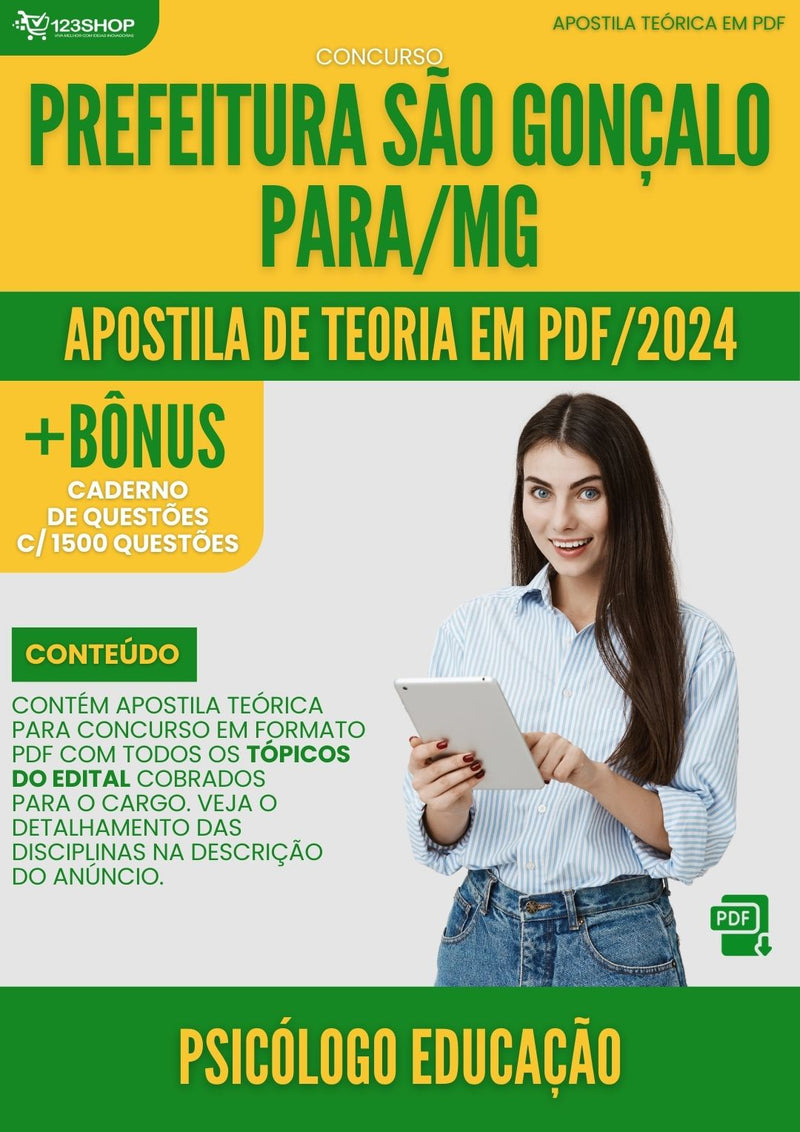 Apostila Teórica para Concurso Pref São Gonçalo Pará MG 2024 Psicólogo Educação - Com Caderno de Questões