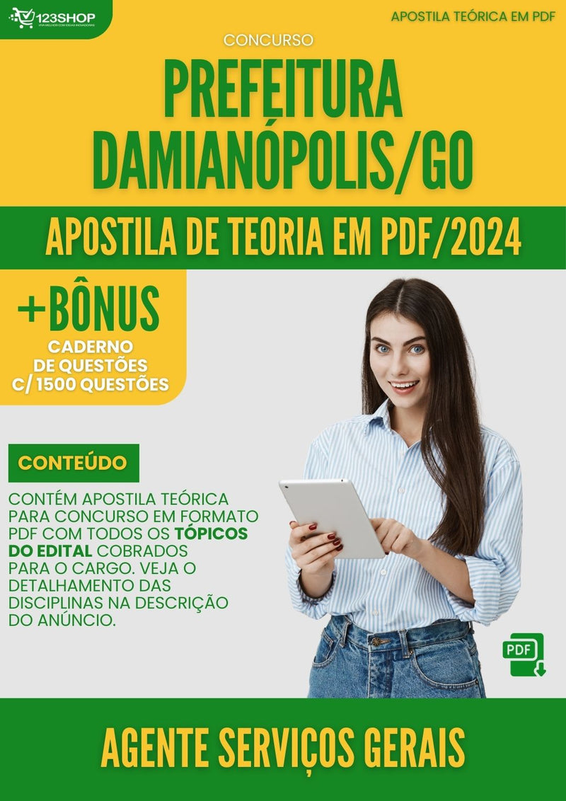Apostila Teórica para Concurso Prefeitura Damianópolis GO 2024 Agente Serviços Gerais - Com Caderno de Questões