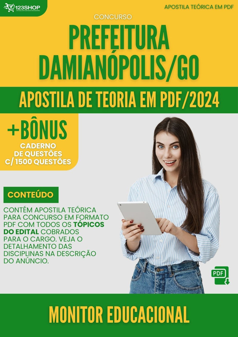Apostila Teórica para Concurso Prefeitura Damianópolis GO 2024 Monitor Educacional - Com Caderno de Questões