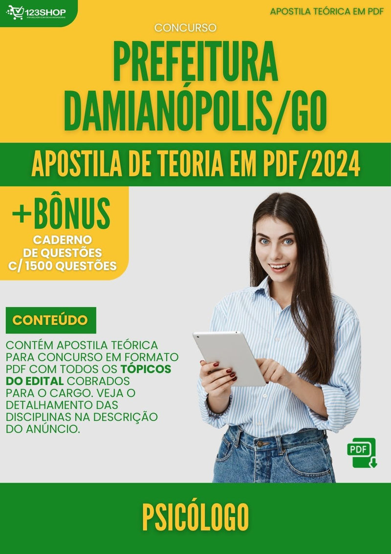 Apostila Teórica para Concurso Prefeitura Damianópolis GO 2024 Psicólogo - Com Caderno de Questões