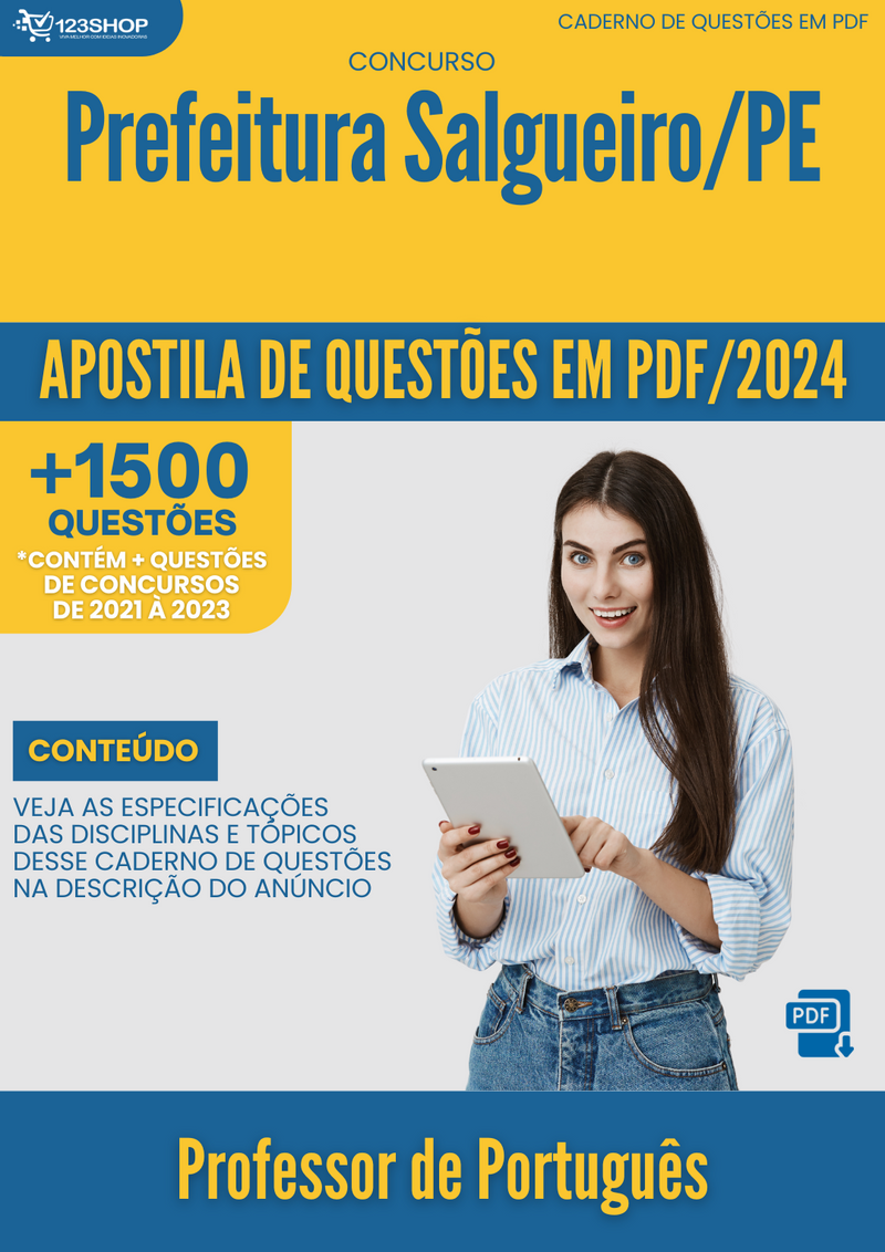 Apostila de Questões para Concurso da Prefeitura Salgueiro/PE 2024 Professor de Português - Mais de 1.500 Questões Gabaritadas | loja123shop