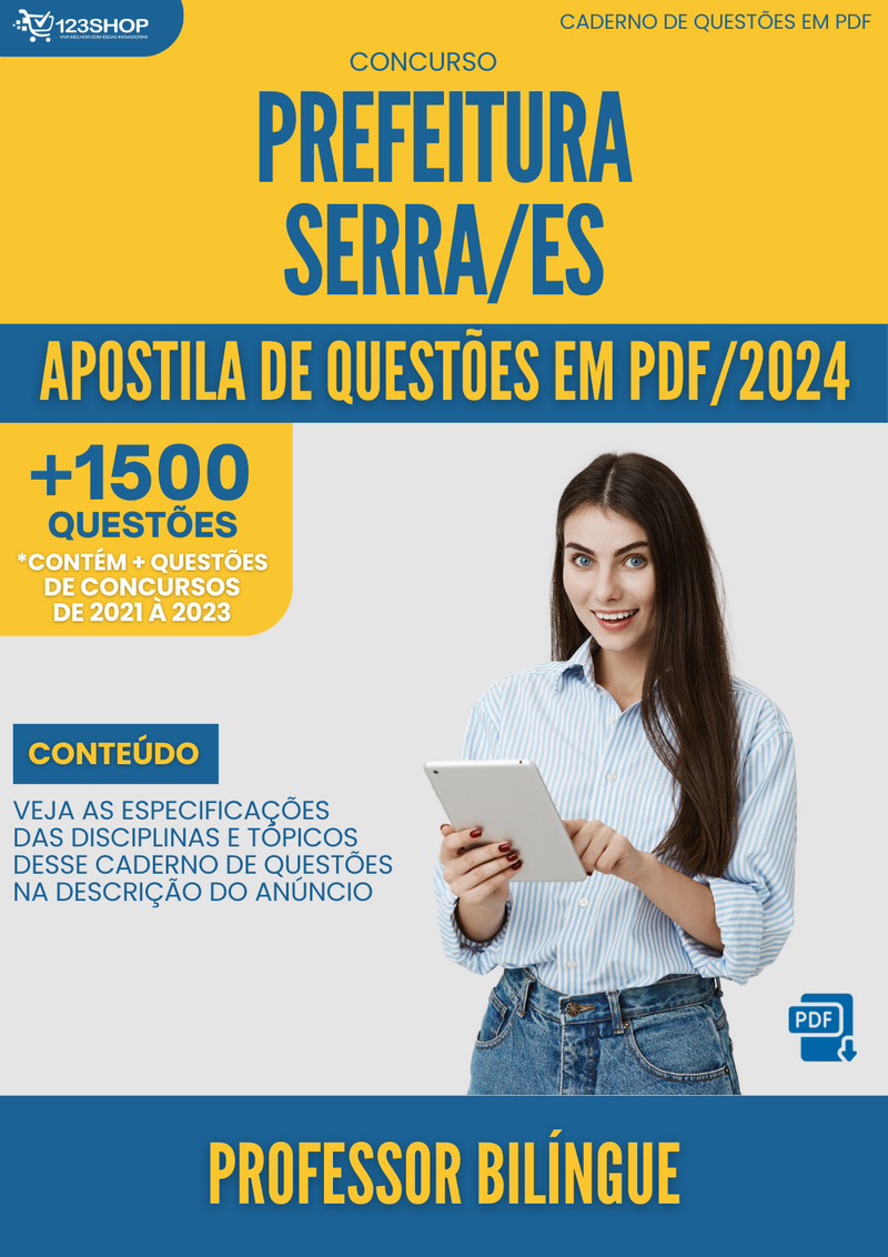Apostila de Questões  Prefeitura Serra ES 2024 Professor de Bilíngue - Mais de 1.500 Questões | loja123shop