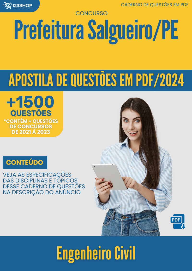 Apostila de Questões para Concurso da Prefeitura Salgueiro/PE 2024 Engenheiro Civil - Mais de 1.500 Questões Gabaritadas | loja123shop