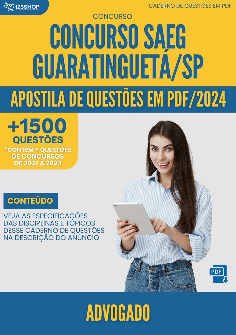 Apostila de Questões para Concurso  SAEG Guaratinguetá SP 2024 Advogado - Mais de 1.500 Questões | loja123shop