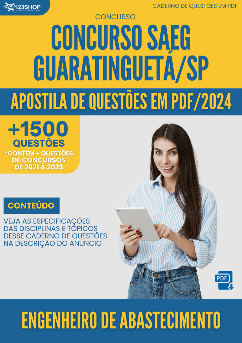Apostila de Questões para Concurso  SAEG Guaratinguetá SP 2024 Engenheiro Abastecimento - Mais de 1.500 Questões | loja123shop