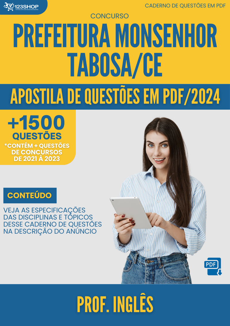 Apostila de Questões para Concurso  Prefeitura Monsenhor Tabosa CE 2024 Prof Inglês - Mais de 1.500 Questões | loja123shop