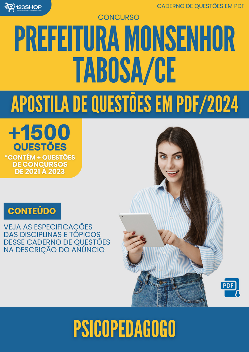 Apostila de Questões para Concurso  Prefeitura Monsenhor Tabosa CE 2024 Psicopedagogo - Mais de 1.500 Questões | loja123shop