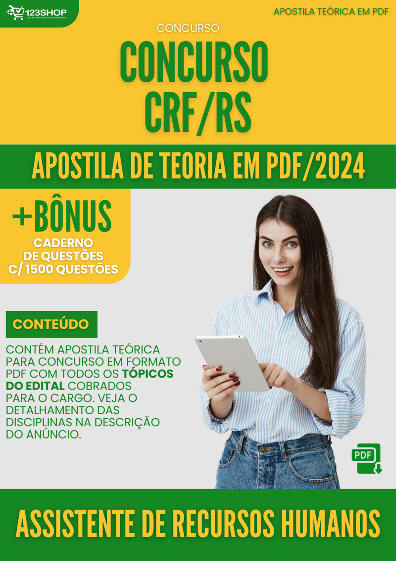 Apostila Teórica para Concurso CRF RS 2024 Assistente De Recursos Humanos - Com Caderno de Questões | loja123shop