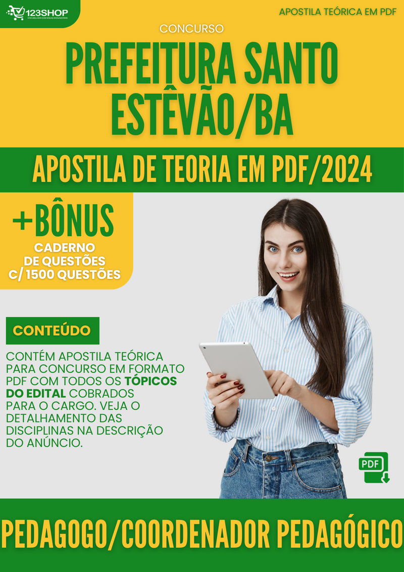 Apostila Teórica para Concurso Prefeitura Santo Estevão BA 2024 Pedagogo Coordenador Pedagógico - Com Caderno de Questões | loja123shop