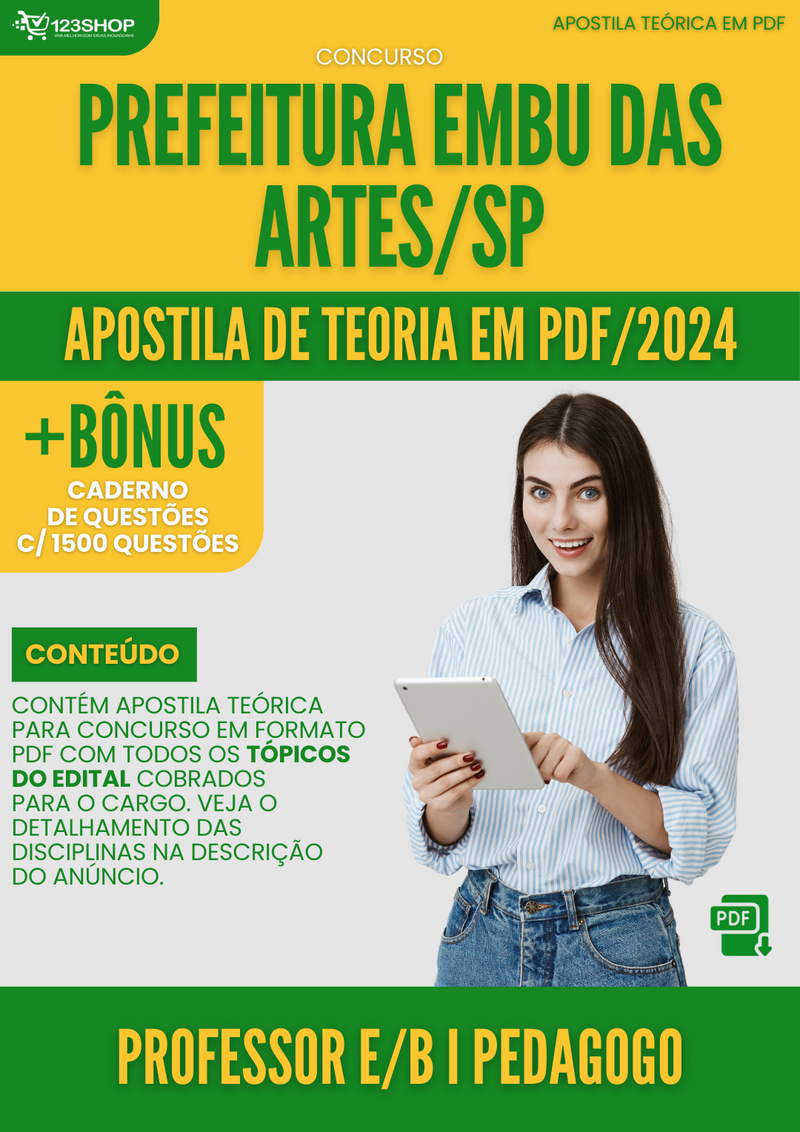 Apostila Teórica para Concurso Prefeitura Embu das Artes SP 2024 Professor E.B I Pedagogo - Com Caderno de Questões | loja123shop