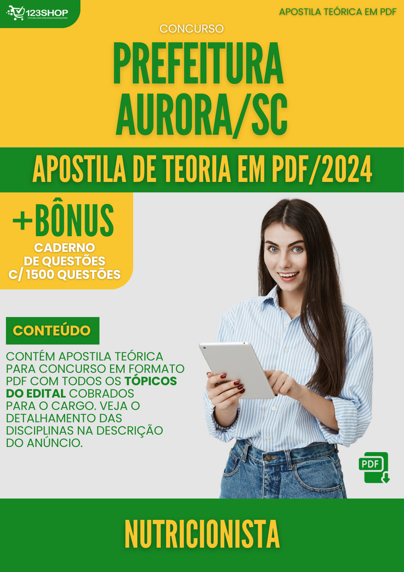 Apostila Teórica para Concurso Prefeitura Aurora SC 2024 Nutricionista - Com Caderno de Questões | loja123shop