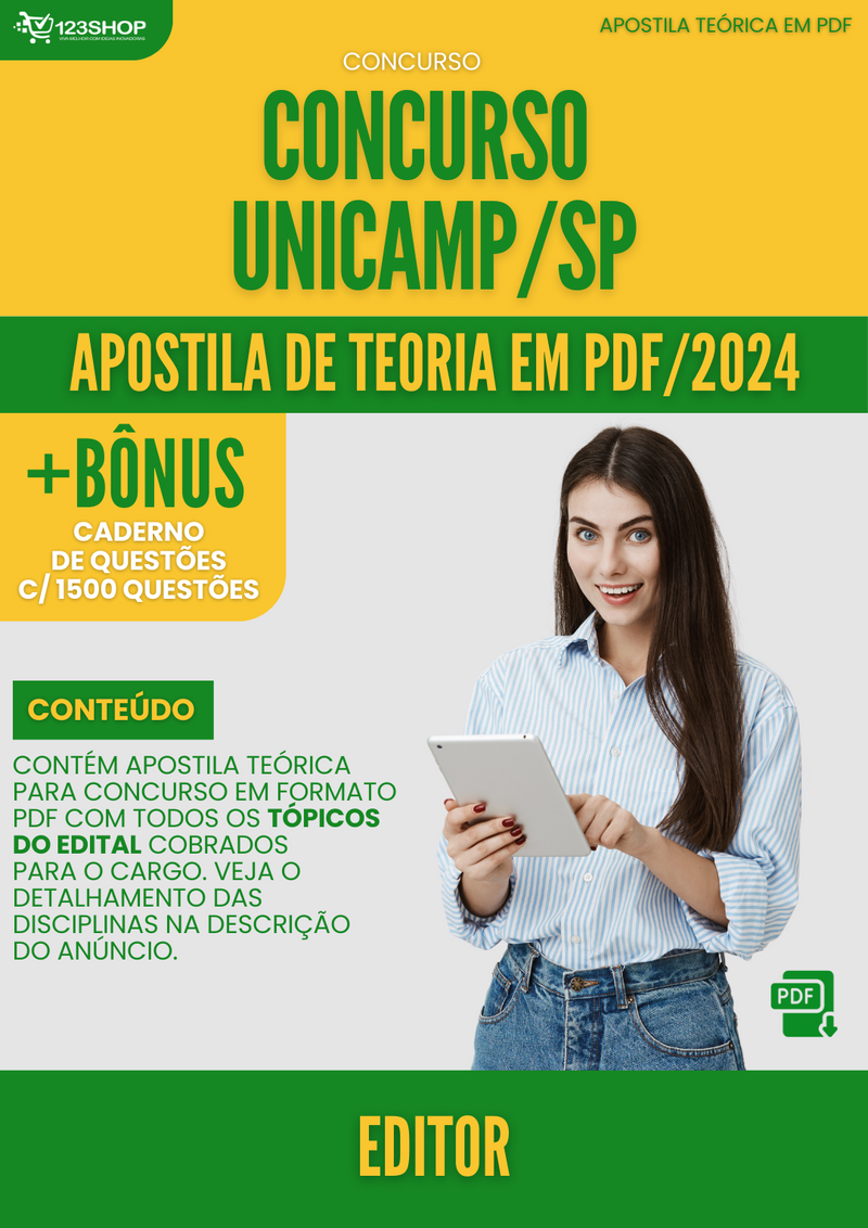 Apostila Teórica para Concurso UNICAMP SP 2024 Editor - Com Caderno de Questões | loja123shop