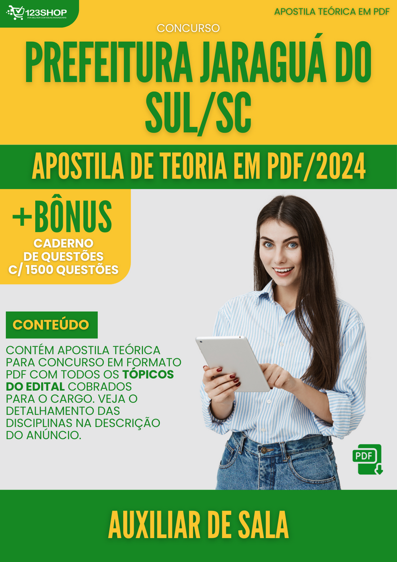 Apostila Teórica para Concurso Prefeitura Jaraguá Sul SC 2024 Auxiliar de Sala - Com Caderno de Questões | loja123shop