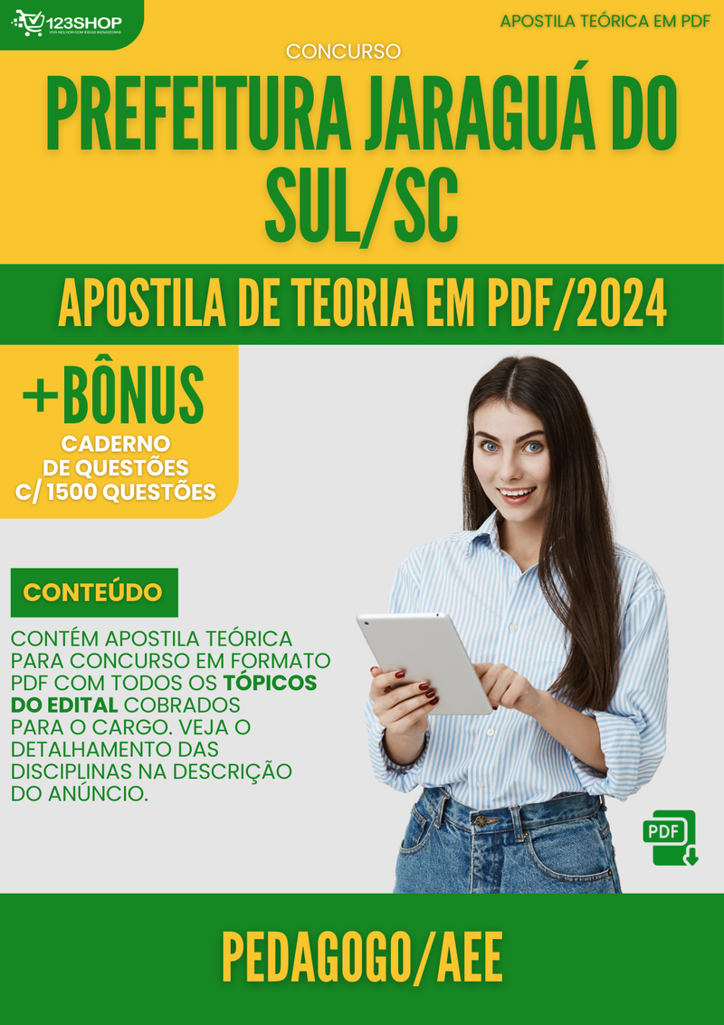 Apostila Teórica para Concurso Prefeitura Jaraguá Sul SC 2024 Pedagogo AEE - Com Caderno de Questões | loja123shop