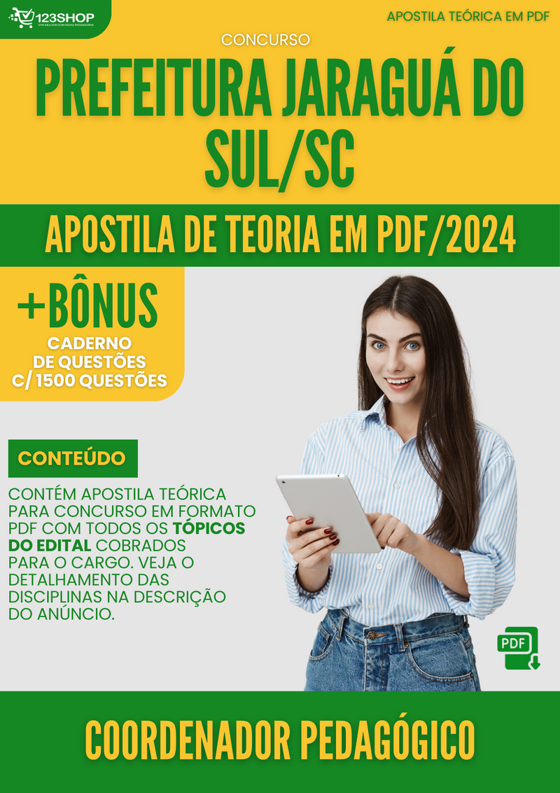 Apostila Teórica para Concurso Prefeitura Jaraguá Sul SC 2024 Coordenador Pedagógico - Com Caderno de Questões | loja123shop
