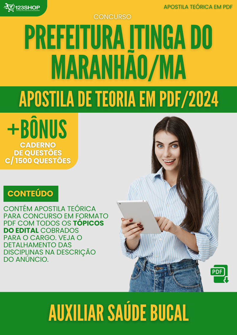Apostila Teórica para Concurso Prefeitura Itinga do Maranhão MA 2024 Auxiliar Saúde Bucal - Com Caderno de Questões | loja123shop