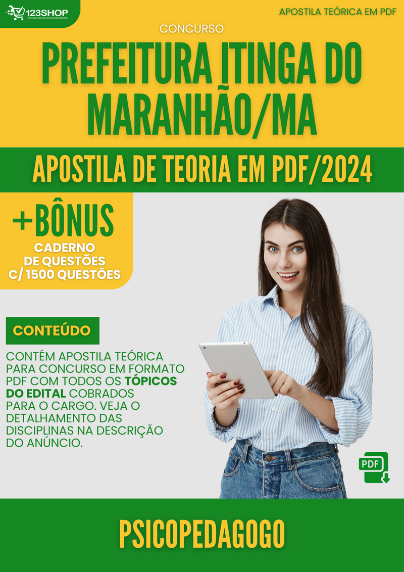 Apostila Teórica para Concurso Prefeitura Itinga do Maranhão MA 2024 Psicopedagogo - Com Caderno de Questões | loja123shop