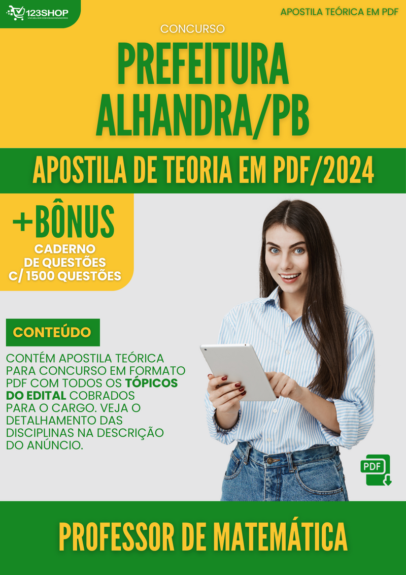 Apostila Teórica para Concurso Prefeitura Alhandra PB 2024 Professor de Matemática - Com Caderno de Questões | loja123shop