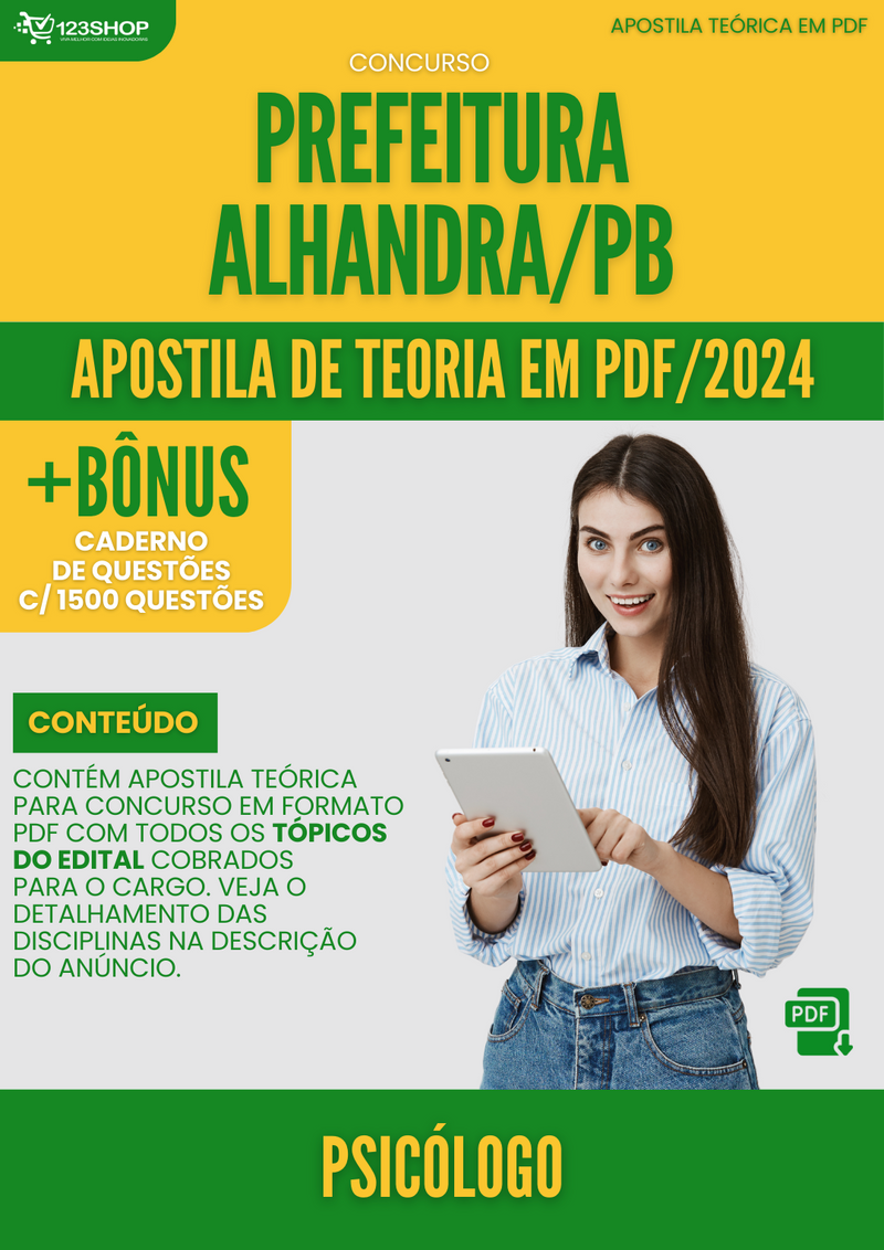 Apostila Teórica para Concurso Prefeitura Alhandra PB 2024 Psicólogo - Com Caderno de Questões | loja123shop