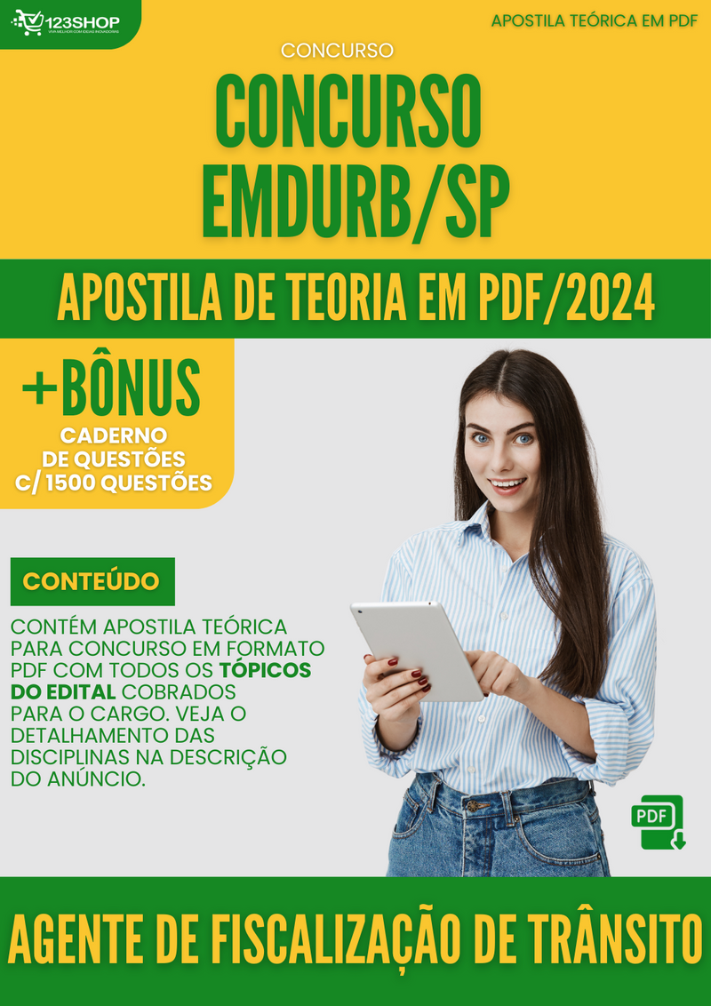 Apostila Teórica para Concurso EMDURB SP 2024 Agente de Fiscalização de Trânsito - Com Caderno de Questões | loja123shop