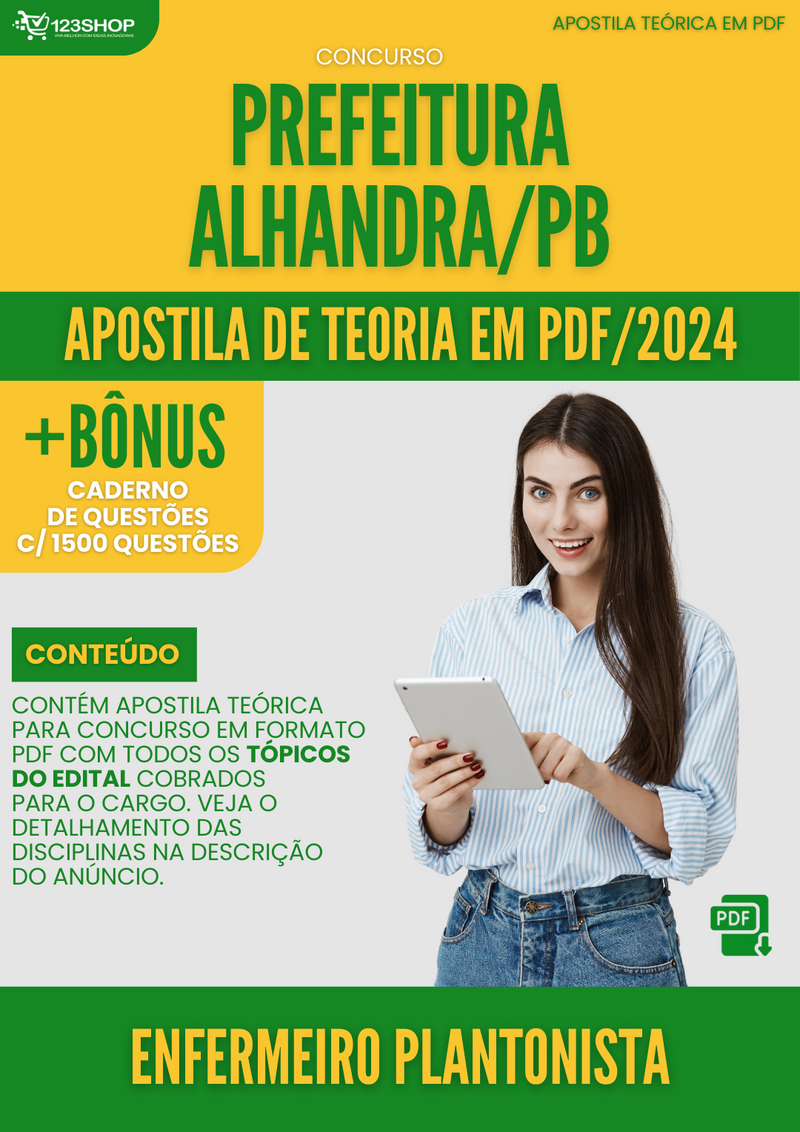 Apostila Teórica para Concurso Prefeitura Alhandra PB 2024 Enfermeiro Plantonista - Com Caderno de Questões | loja123shop