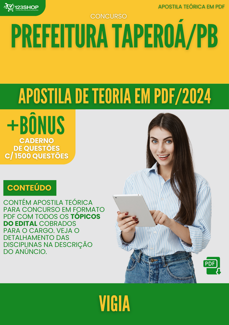 Apostila Teórica para Concurso Prefeitura Taperoá PB 2024 Vigia - Com Caderno de Questões | loja123shop