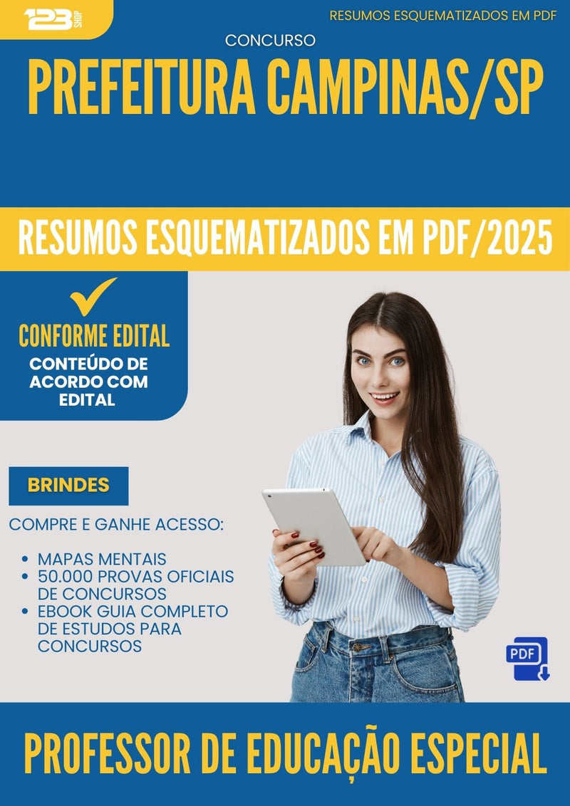 Resumos Esquematizados para Concurso Professor De Educacao Especial da Prefeitura Campinas Sp 2025 - Conteúdo de Acordo com Edital