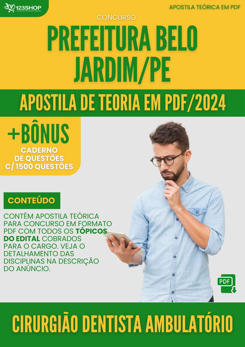 Apostila Teórica para Concurso Prefeitura Belo Jardim PE 2024 Cirurgião Dentista Ambulatório - Com Caderno de Questões | loja123shop