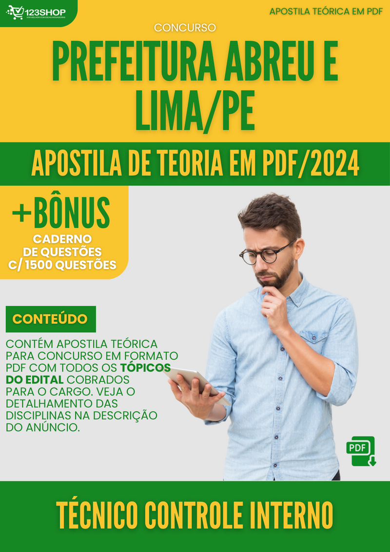 Apostila Teórica para Concurso Prefeitura Abreu e Lima PE 2024 Técnico Controle Interno - Com Caderno de Questões | loja123shop