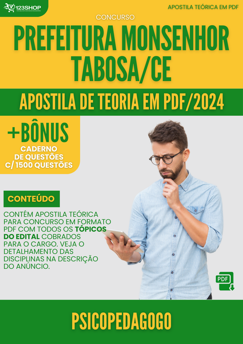 Apostila Teórica para Concurso Prefeitura Monsenhor Tabosa CE 2024 Psicopedagogo - Com Caderno de Questões | loja123shop