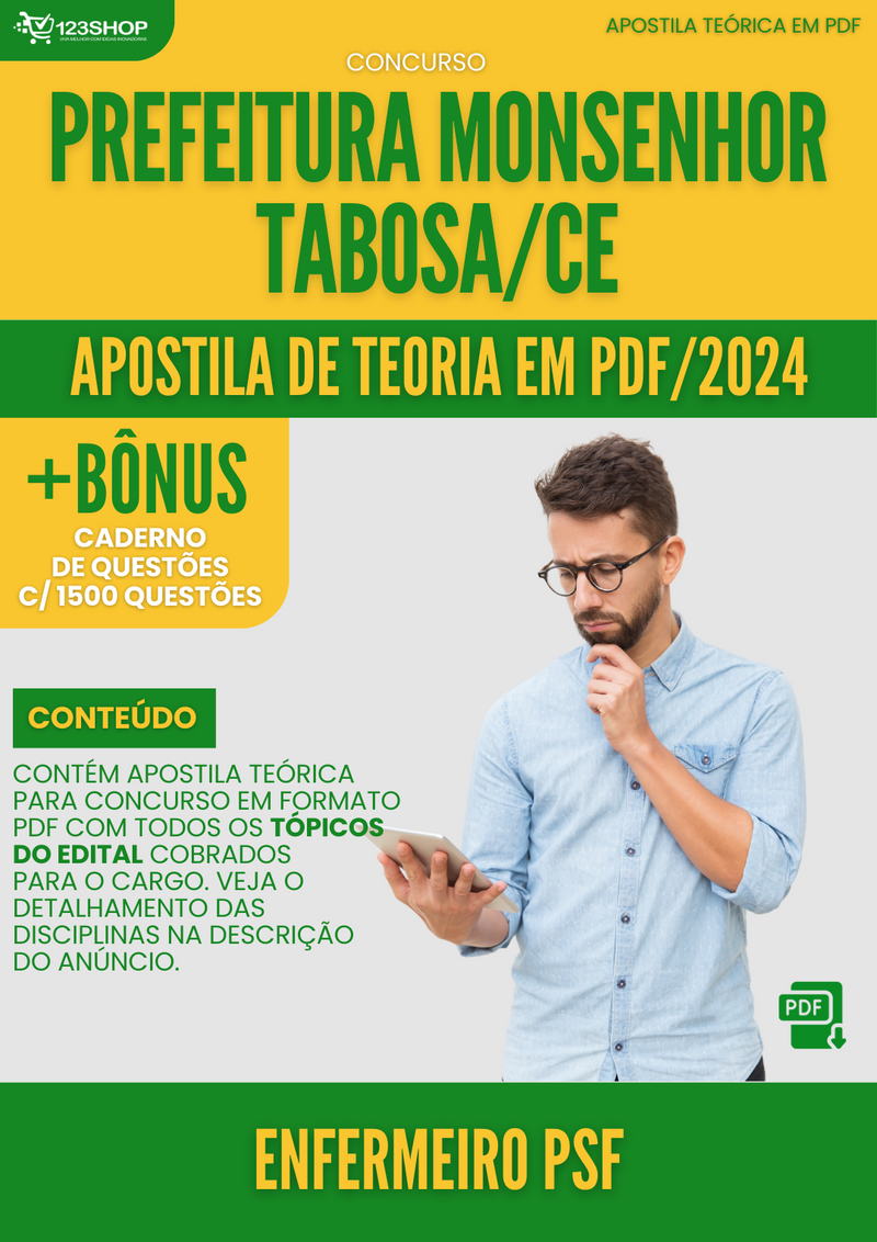 Apostila Teórica para Concurso Prefeitura Monsenhor Tabosa CE 2024 Enfermeiro PSF - Com Caderno de Questões | loja123shop