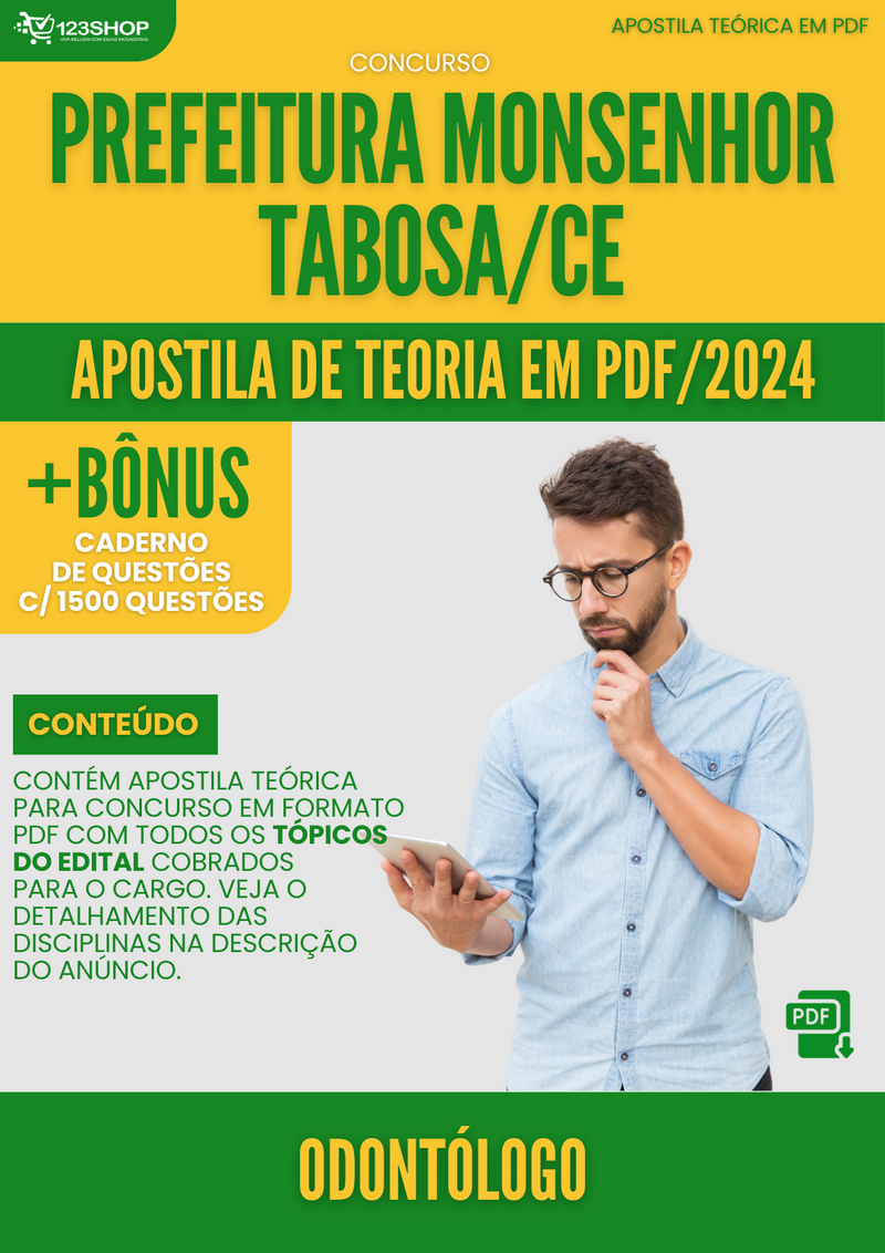 Apostila Teórica para Concurso Prefeitura Monsenhor Tabosa CE 2024 Odontólogo - Com Caderno de Questões | loja123shop