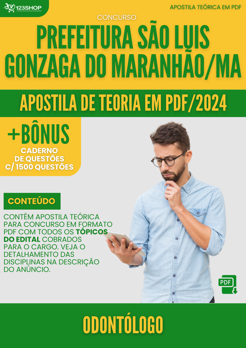 Apostila Teórica para Concurso São Luís Gonzaga Maranhão MA 2024 Odontólogo - Com Caderno de Questões | loja123shop