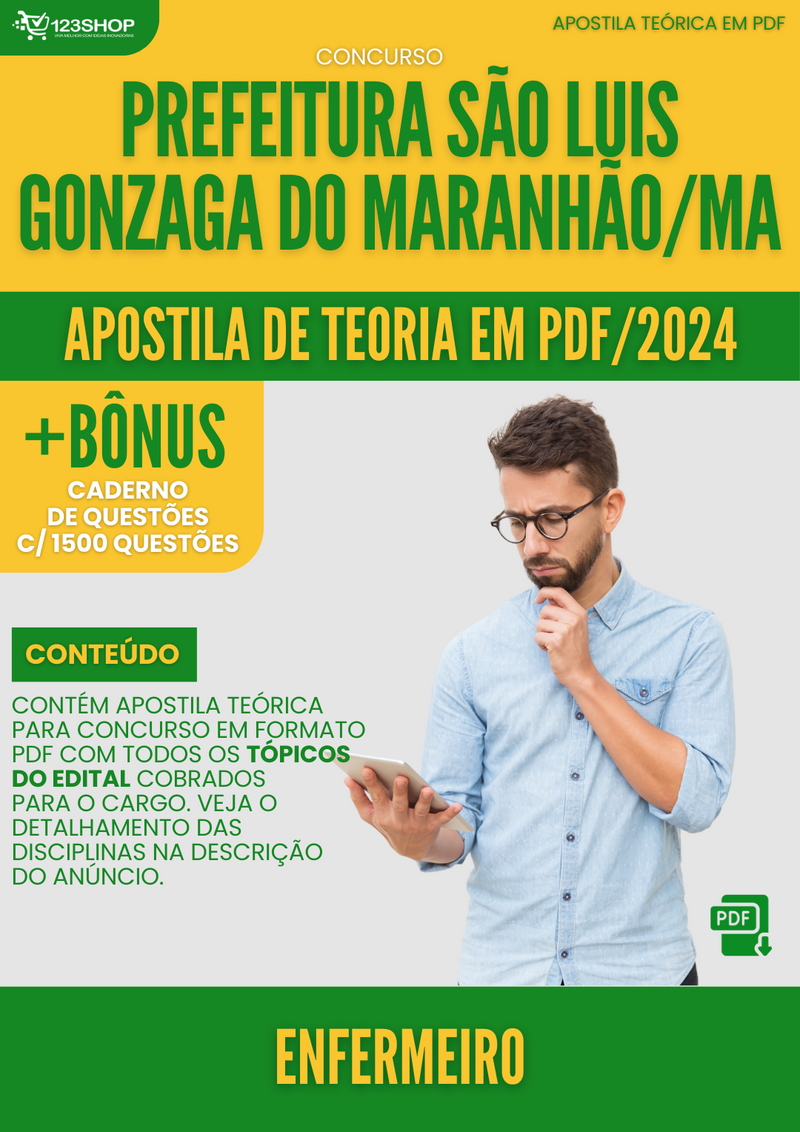 Apostila Teórica para Concurso São Luís Gonzaga Maranhão MA 2024 Enfermeiro - Com Caderno de Questões | loja123shop