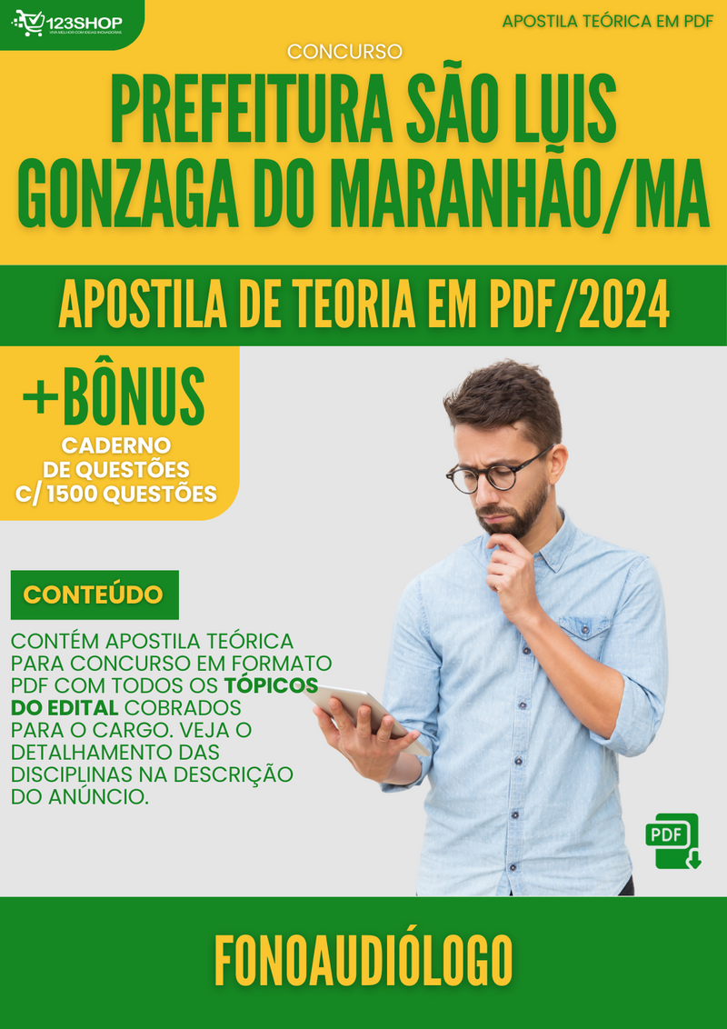 Apostila Teórica para Concurso São Luís Gonzaga Maranhão MA 2024 Fonoaudiólogo - Com Caderno de Questões | loja123shop