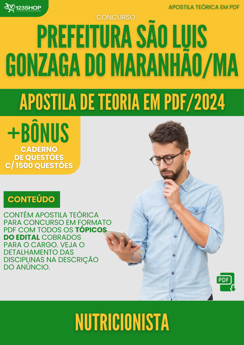 Apostila Teórica para Concurso São Luís Gonzaga Maranhão MA 2024 Nutricionista - Com Caderno de Questões | loja123shop