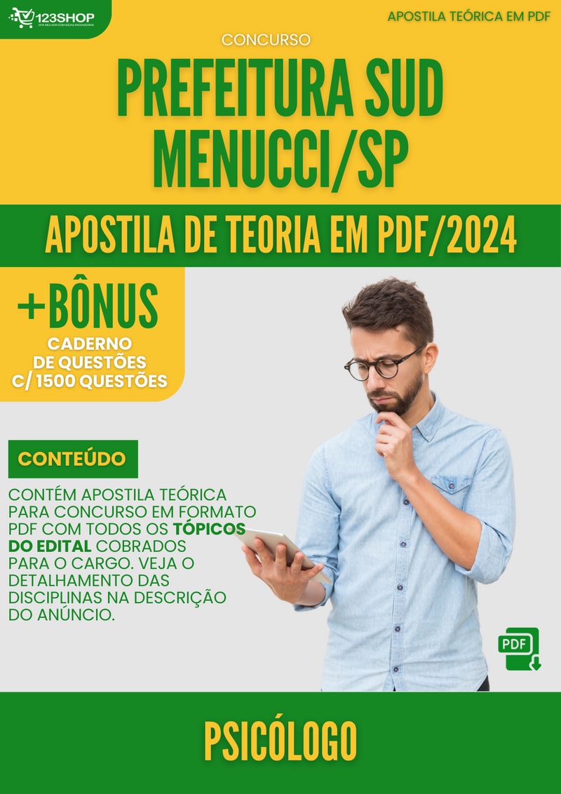 Apostila Teórica para Concurso Prefeitura Sud Mennucci SP 2024 Psicólogo - Com Caderno de Questões | loja123shop