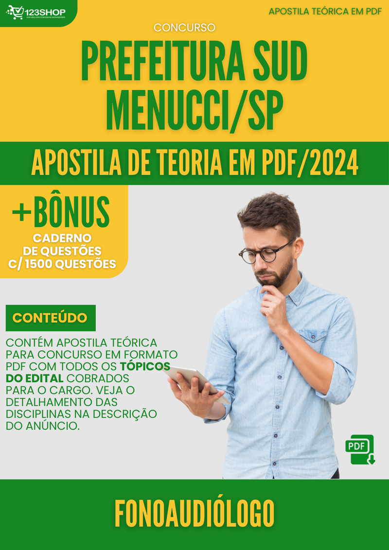 Apostila Teórica para Concurso Prefeitura Sud Mennucci SP 2024 Fonoaudiólogo - Com Caderno de Questões | loja123shop