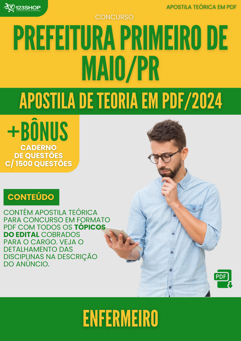 Apostila Teórica para Concurso Prefeitura Primeiro de Maio PR 2024 Enfermeiro - Com Caderno de Questões | loja123shop