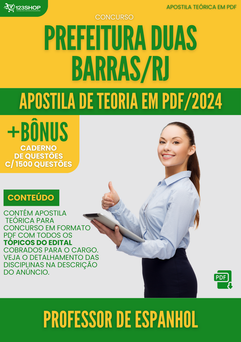 Apostila Teórica para Concurso Prefeitura Duas Barras RJ 2024 Professor de Espanhol - Com Caderno de Questões | loja123shop