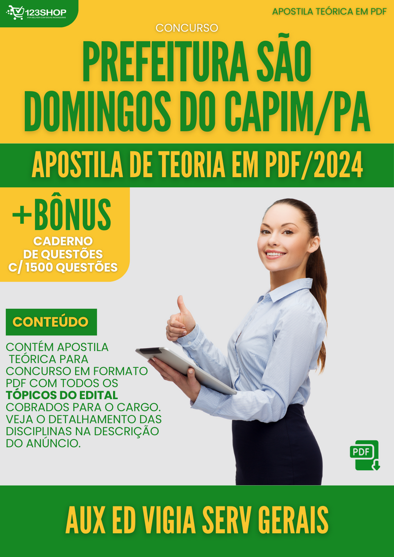 Apostila Teórica para Concurso São Domingos Capim PA 2024 Aux Ed Vigia Serv Gerais - Com Caderno de Questões | loja123shop