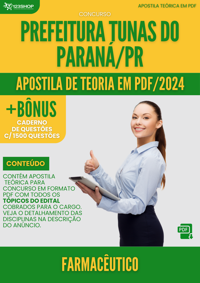 Apostila Teórica para Concurso Prefeitura Tunas do Paraná PR 2024 Farmacêutico - Com Caderno de Questões | loja123shop