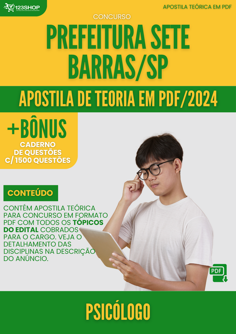 Apostila Teórica para Concurso Prefeitura Sete Barras SP 2024 Psicólogo - Com Caderno de Questões | loja123shop