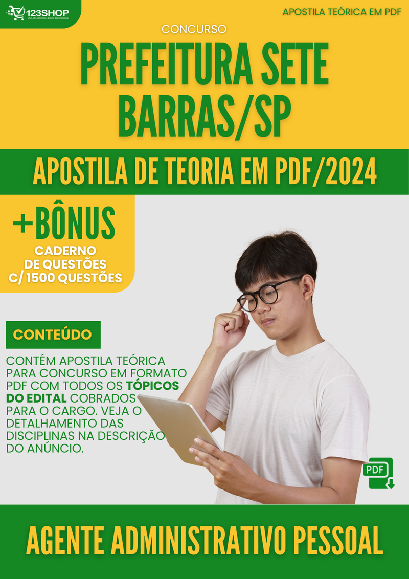 Apostila Teórica para Concurso Prefeitura Sete Barras SP 2024 Agente Administrativo Pessoal - Com Caderno de Questões | loja123shop