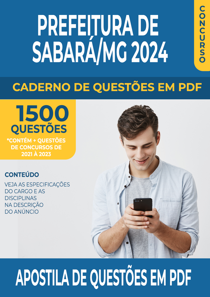 Apostila de Questões para Concurso da Prefeitura de Sabará/MG 2024 para Professor de Educação Básica - Inglês - Mais de 1.500 Questões Gabaritadas | loja123shop
