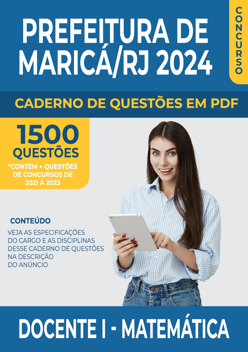 Apostila de Questões para Concurso da Prefeitura de Maricá/RJ 2024 para Docente I - Matemática - Mais de 1.500 Questões Gabaritadas | loja123shop